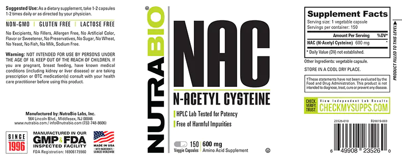 Nutrabio NAC 600mg 150 Veggie Caps - Image 2