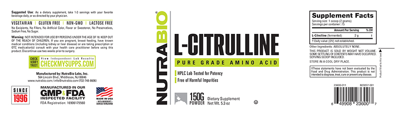 Nutrabio 100% Pure L-Citrulline Powder 150 Grams - Image 2