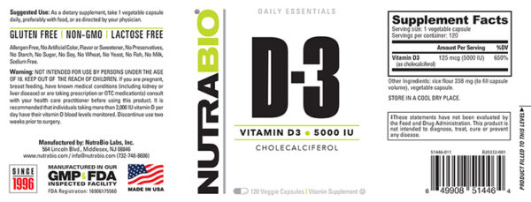 Nutrabio Vitamin D3 5000IU 120 Veggie Caps - Image 2