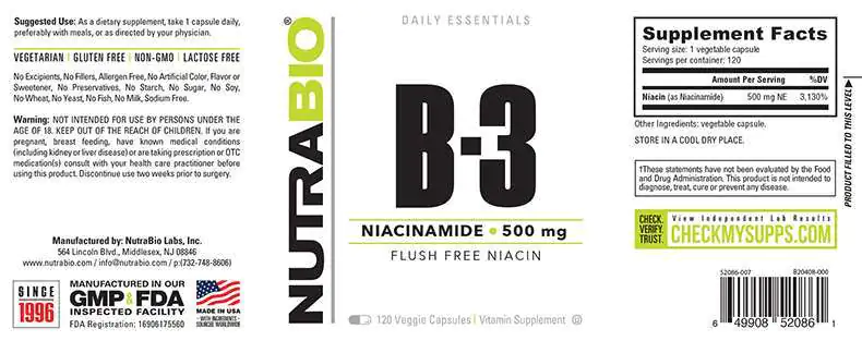 NutraBio Niacin (500mg) - Image 2